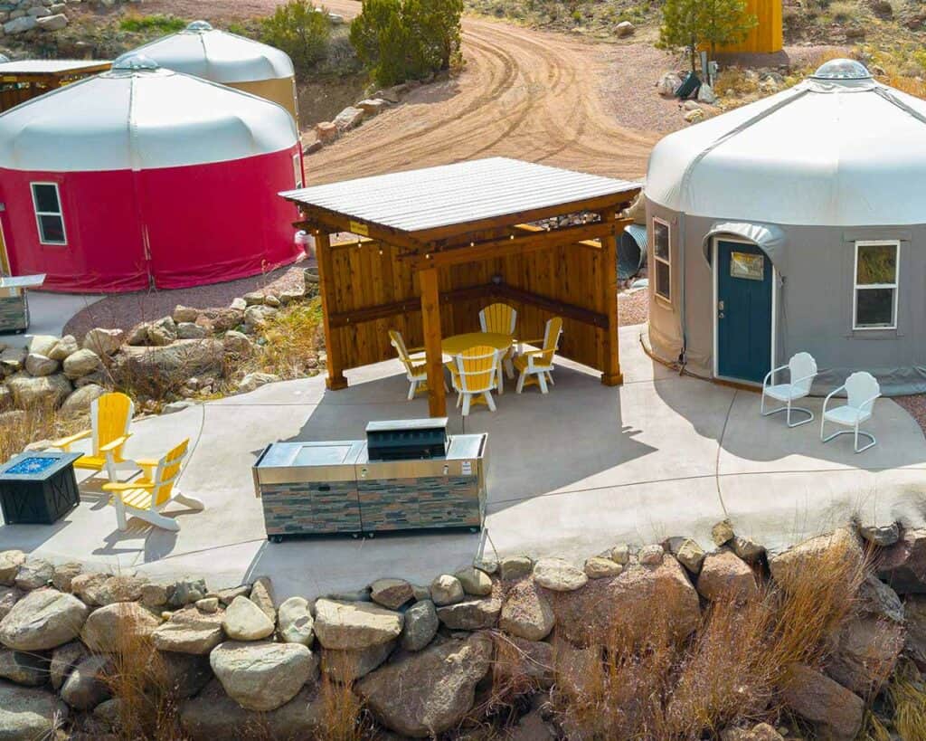 Riverside Yurt Rentals with patio, kitchen and bbq facilities